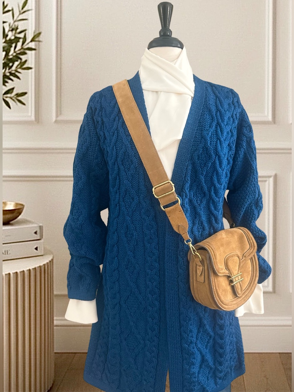 Aran Crafts Merino Wool Cardigan Blue Cable Knit Fisherman Sweater Ireland 2X